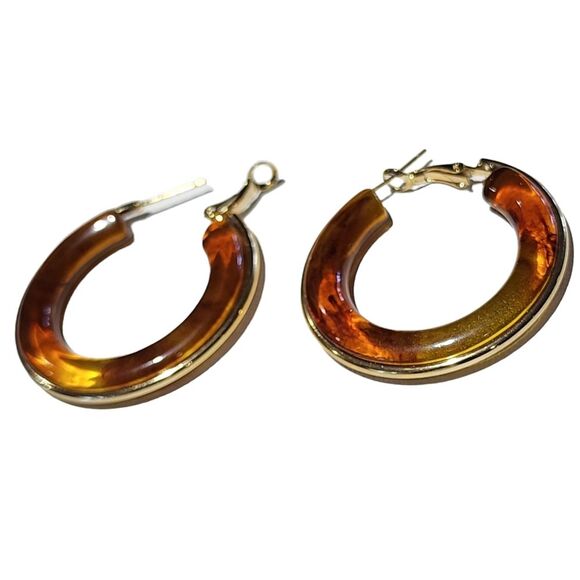 Butterscotch Resin Hoop Earring With Gold Plated Outline 1.64in - Picture 9 of 14